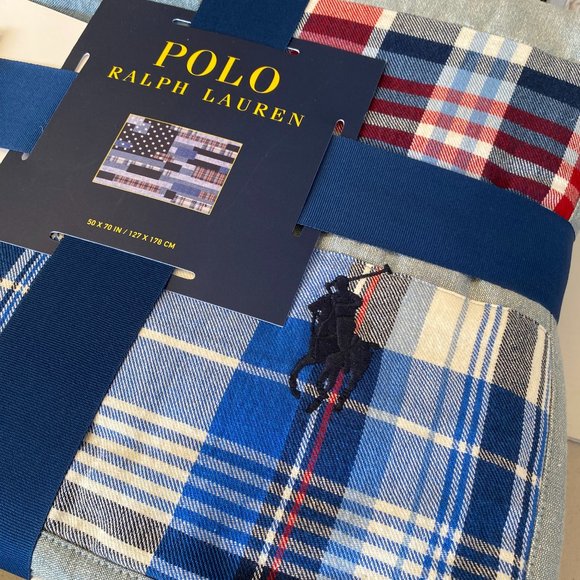 Polo Ralph Lauren Ramsey Patchwork Flag 100% Cotton Denim Blue Throw Blanket - Picture 4 of 11